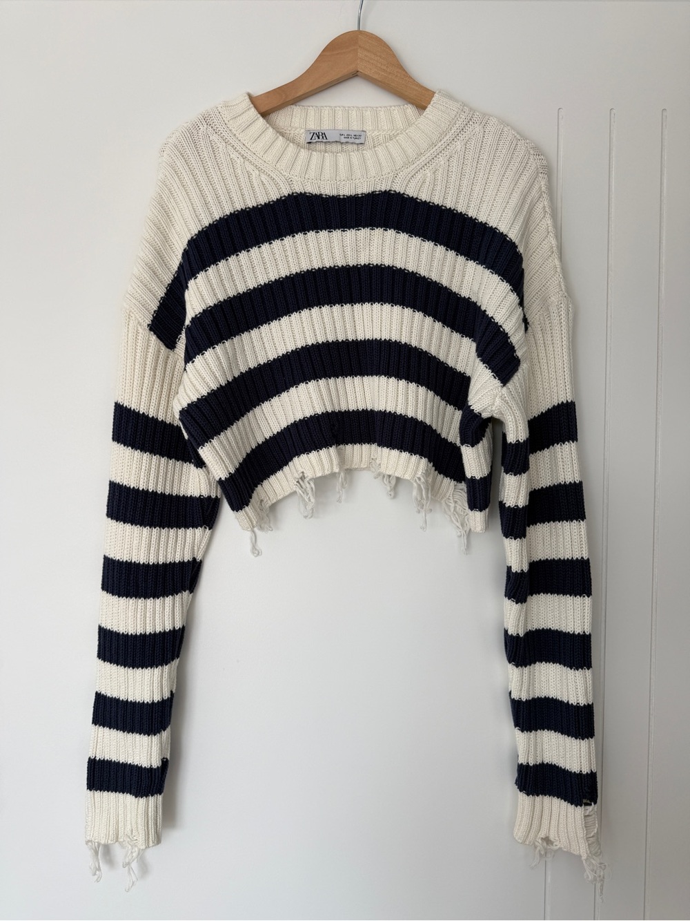 Zara Cream and Navy Distressed Striped Crop Sweater